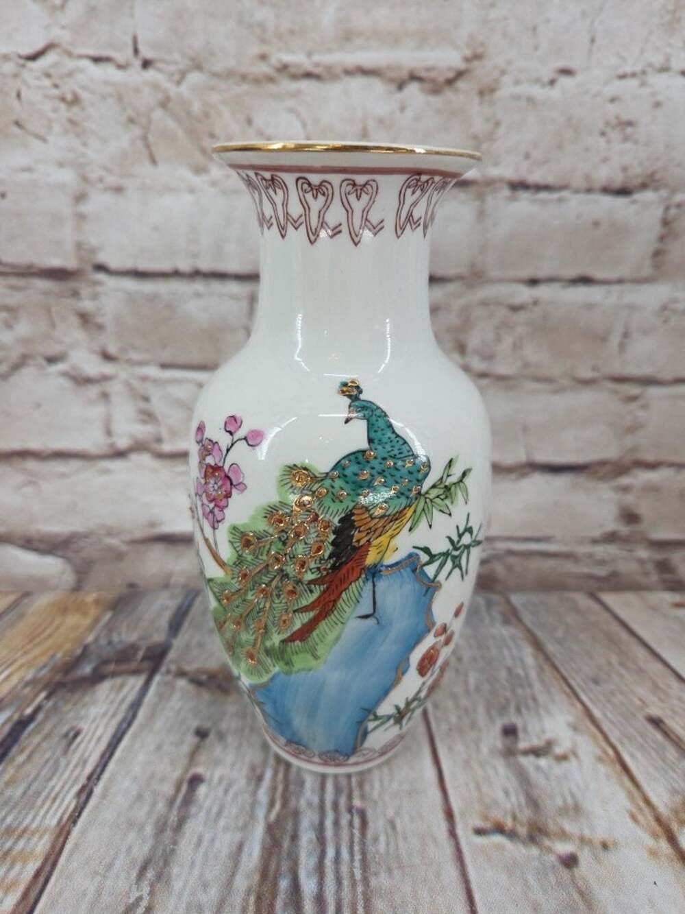 Chinese 20th C. Famille Rose Porcelain Peacock & Floral Vase 6.25"